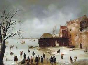 Figures on a frozen lake by Charles Henri Leickert