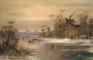 Skaters and a horse-drawn sledge on a frozen river Skaters and a horse-drawn sledge on a frozen river