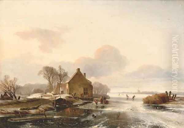 Skaters by a cottage in a Dutch winter landscape - view 1