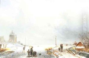 Skaters in a winter landscape by Charles Henri Leickert