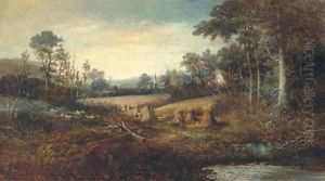 Hay making, with church in the distance by Charles Leaver