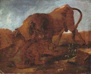 Wolves attacking a bull by Francesco Londonio