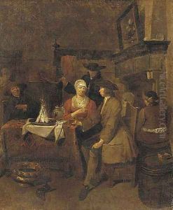 Figures drinking and dining in a tavern by Jan Baptist Lambrechts
