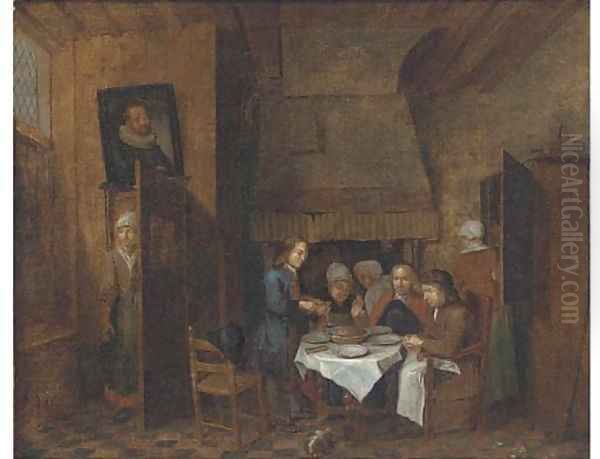 A dining room interior with a group eating - view 1