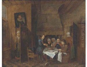 A dining room interior with a group eating by Jan Baptist Lambrechts