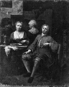 A gentleman, seated by a barrel in a tavern, smoking a pipe by Jan Baptist Lambrechts