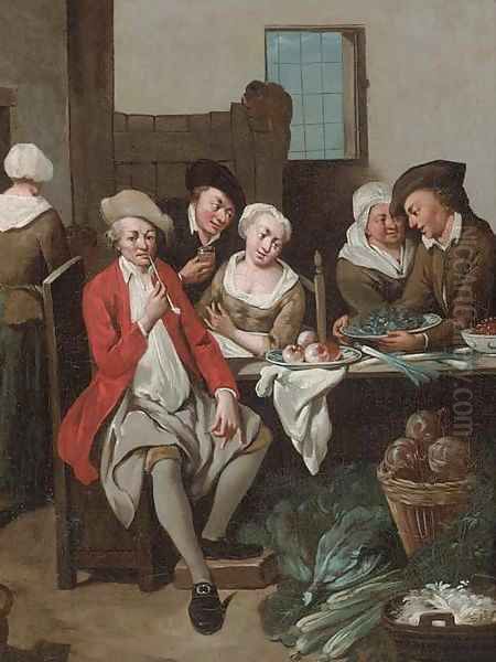 Peasants at a table with fruit and vegetables in an interior - view 1