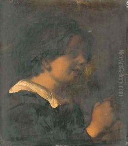 A young boy, bust-length, playing a rommelpot