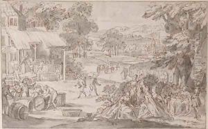An extensive landscape with an elegant company watching the gathering of the vintage