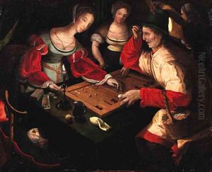 Figures playing backgammon in an interior