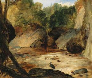 A rocky river landscape with a heron by Sir Edwin Henry Landseer