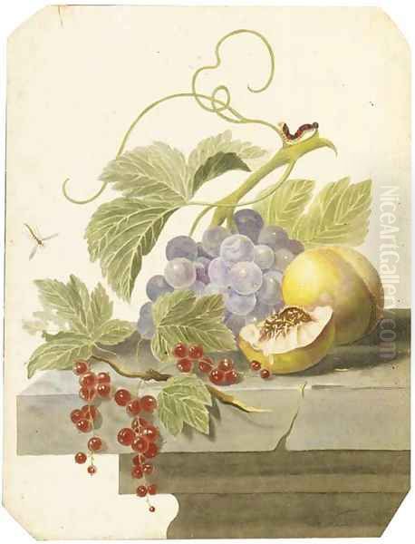 Still life with grapes, peaches and red currants on a ledge - view 1