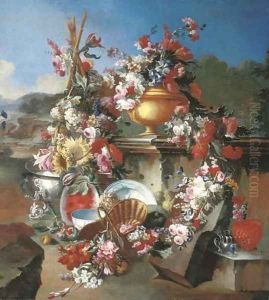 Roses, narcissi, carnations, tulips and other flowers in an urn