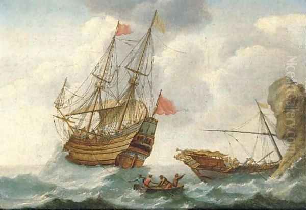 A warship in distress off the coast - view 1