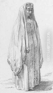 A Russian woman standing in a landscape by Jean-Baptiste Leprince