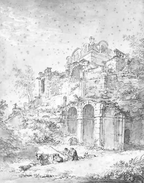 The Chateau de Sceaux seen from below, with the ruins of an orangery and herdsmen in the foreground - view 1