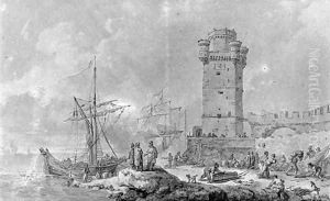 The Port of Rhodes with oriental Figures unloading a Ship by Jean-Baptiste Leprince
