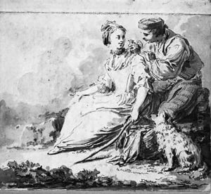 A young man showing a bird to a seated girl by Jean-Baptiste Leprince