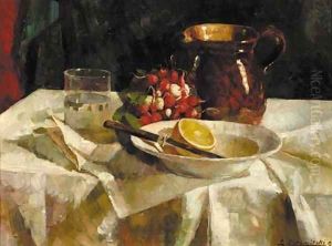 A still life with a jug, radishes, a lemon and a glass by Leonie Lutomirski-Bander