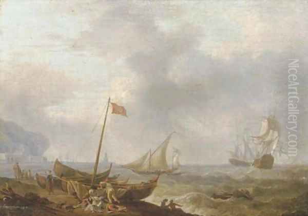 A Mediterranean coastal scene with sailing boats and fishermen on the beach - view 1