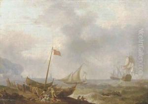 A Mediterranean coastal scene with sailing boats and fishermen on the beach by Olivier Lemay
