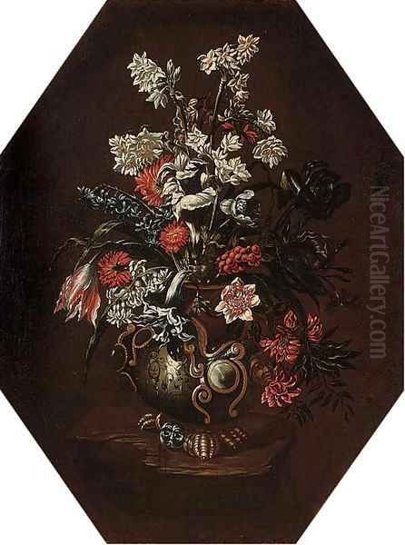 Narcissi, carnations, tulips, morning glory and other flowers in a vase on a ledge - view 1