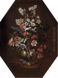 Narcissi, carnations, tulips, morning glory and other flowers in a vase on a ledge by Bartolomeo Ligozzi