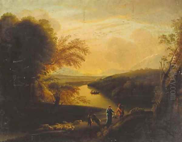 Drovers in a wooded Italianate landscape at sunset - view 1