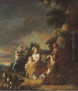 A park with a family at rest beneath a tree