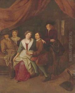 Elegant company courting in an interior by Gerrit Lundens