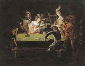 Elegant company gambling in an interior by Jean Achille Leclerc