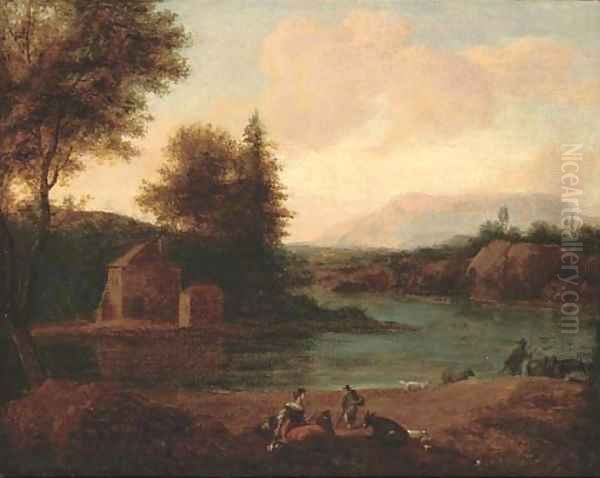 A river landscape with figures resting on the bank - view 1