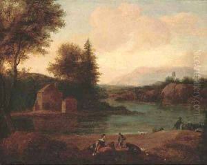 A river landscape with figures resting on the bank