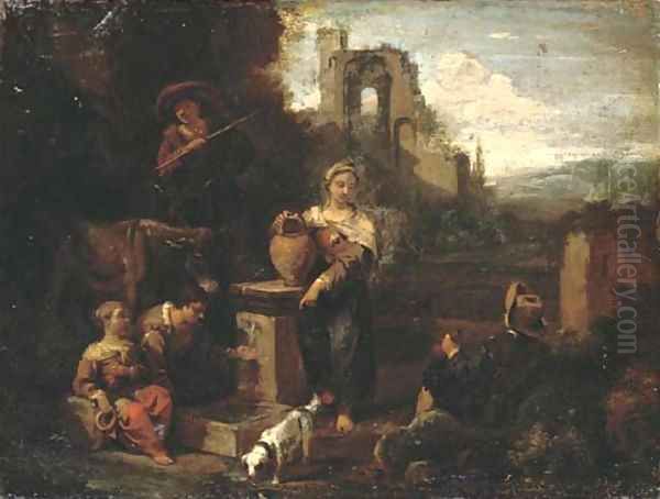 An Italianate landscape with figures resting by a well, classical ruins beyond - view 1