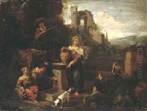 An Italianate landscape with figures resting by a well, classical ruins beyond by Pieter Van Laer (BAMBOCCIO)