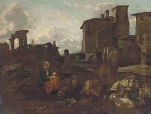 An Italainate landscape with a drover, his family and cattle by Pieter Van Laer (BAMBOCCIO)
