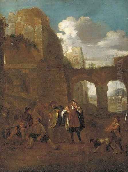 Peasants and a dog amongst classical ruins - view 1