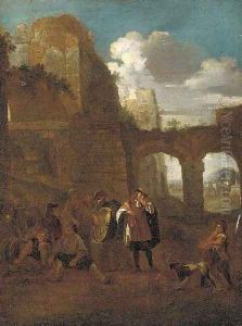Peasants and a dog amongst classical ruins by Pieter Van Laer (BAMBOCCIO)