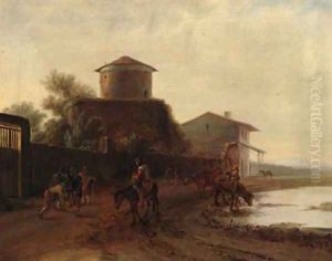 Men playing skittle, by a city wall, in an Italianate landscape