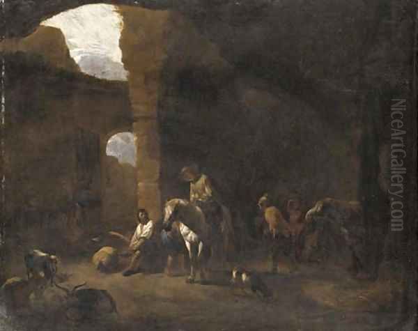 Travellers taking shelter in Roman ruins - view 1