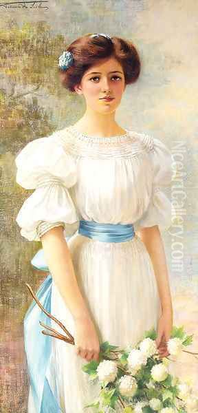 A Lady holding Hydrangeas - view 1