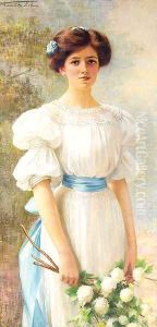 A Lady holding Hydrangeas by Fortunee De Lisle