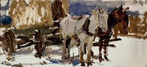 "horses Hitched To A Wagon" By Nicolai Fechin by Nicolai Ivanovich Fechin