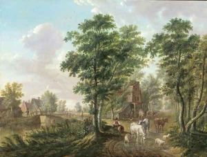 A peasant watering cattle near a farmhouse, in a wooded landscape