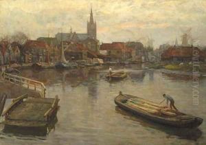 Gezicht op Schiedam a view of the harbour of Schiedam by Johan Coenraad Ulrich Legner