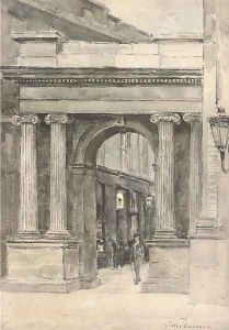A suited gentleman wandering through an arcade by Jules Lessore