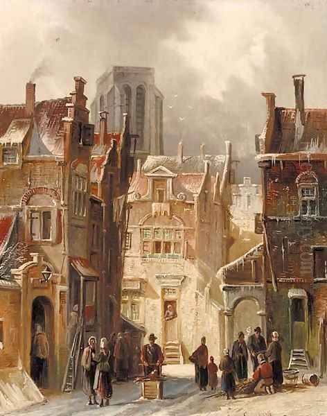 A wintry street scene in a Dutch town - view 1