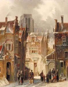 A wintry street scene in a Dutch town