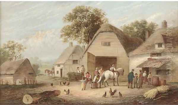 Figures before a barn - view 1