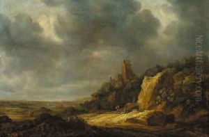 An extensive dune landscape with a ruined castle on a hill and travellers on a path by Reinier Van Der Laeck
